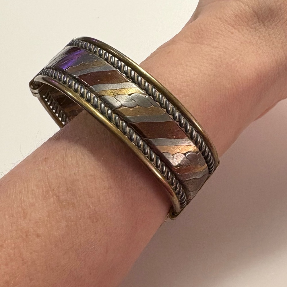 Vintage Mixed Metal Bohemian Copper Brass Silver Tone Cuff Bracelet Bangle - Picture 11 of 16